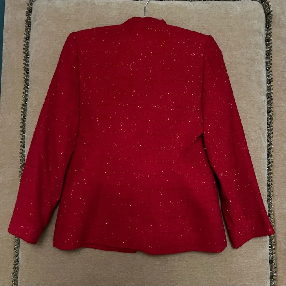 KASPER Red Sparkle Tweed Plaid Petite Skirt Suit